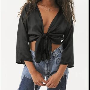 Urban outfitters nicole satin tie-front cropped top, small